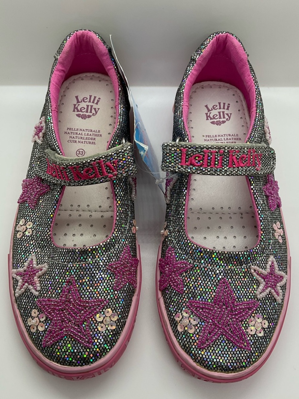 NWT GIRLS LELLI KELLY Mary Jane Style Sneakers Silver Glitter Beaded Size 2 (33)